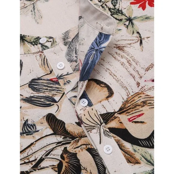 Men's Khaki Floral Cotton Linen Henley T-shirt Long Sleeve Casual Beach Button - Picture 7 of 8